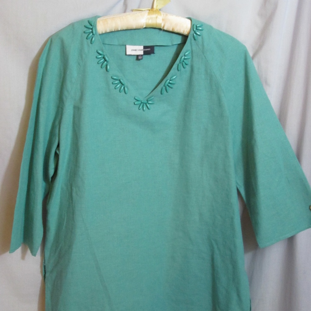 Jones Wear TealGreen Linen Blend Top Tunic 3/4 Slv
